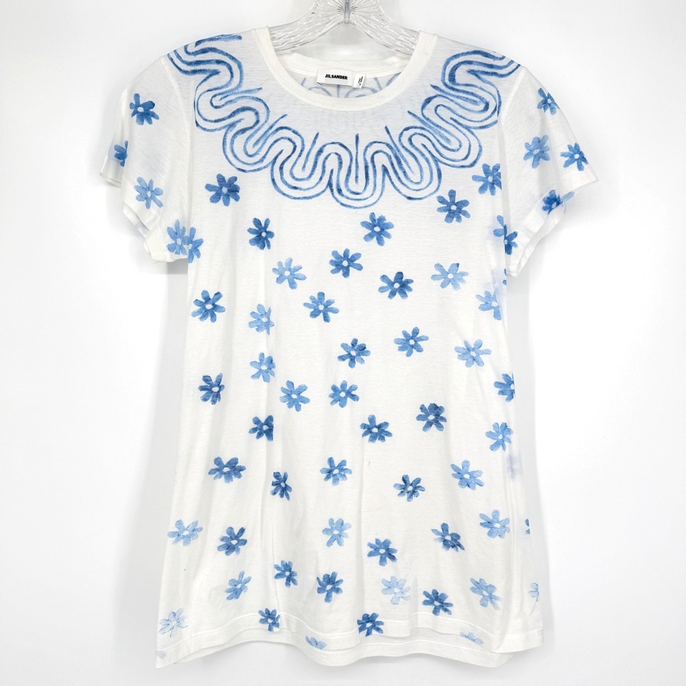 Jil Sander Printed T-Shirt White Blue Floral Watercolor Graphic Crew Neck Small
